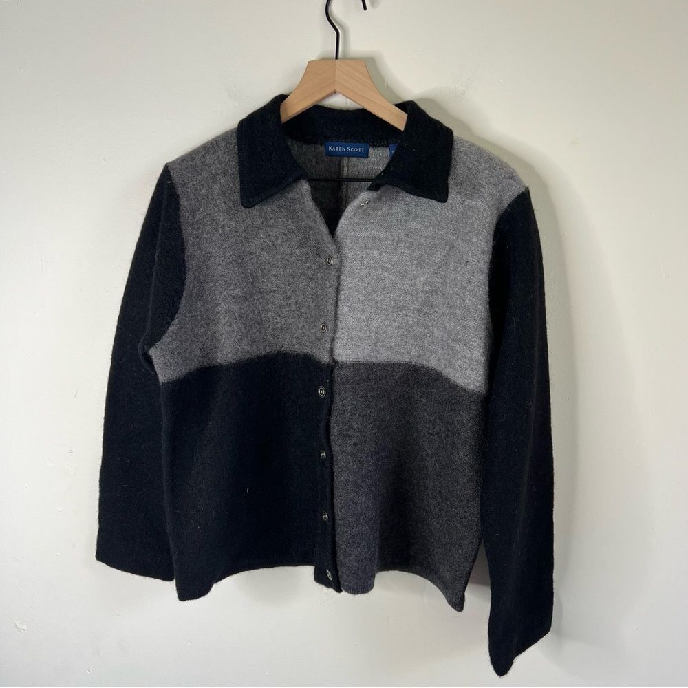 Karen Scott Charcoal and Light Gray Wool Cardigan size Large Vintage